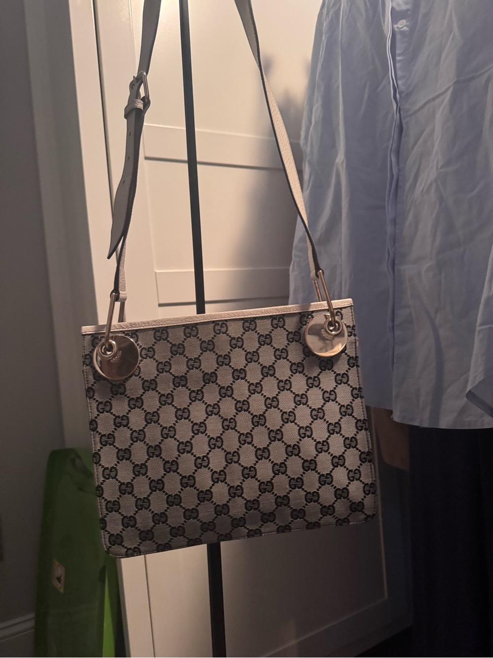Gucci Beige Monogram Canvas Shoulder Bag with Black GG Pattern